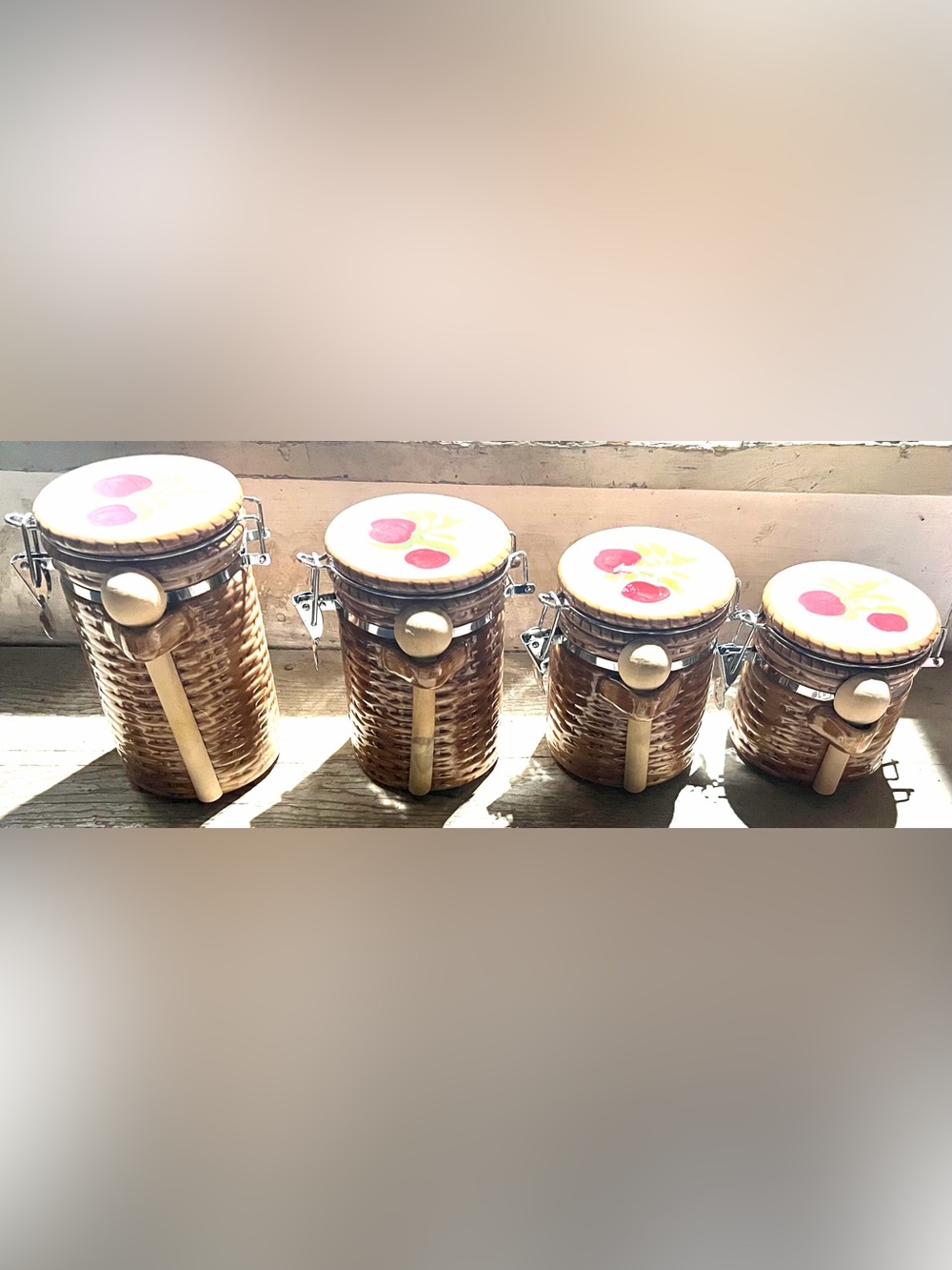 Brown Ceramic Canister with Apple theme Lid and Wooden Spoon